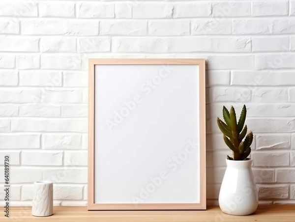 Fototapeta Maize wooden photo frame mockup leaning at white brick wall generative ai