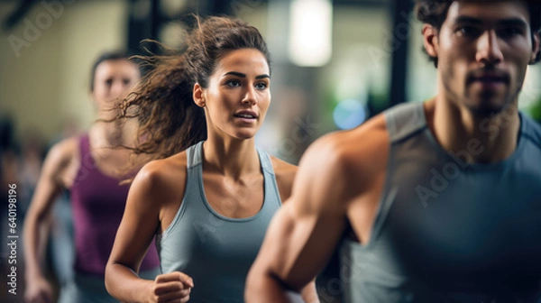 Fototapeta Portrait of sports man and woman training together in a gym