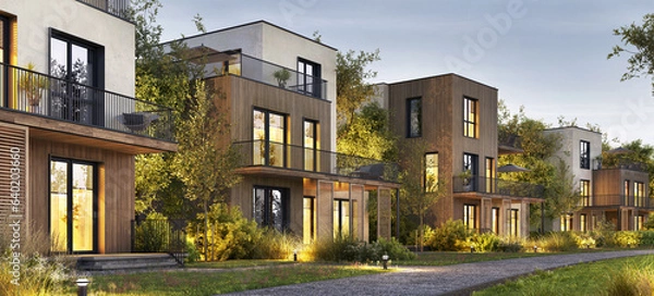 Fototapeta Evening view of the beautiful houses of modern architecture
