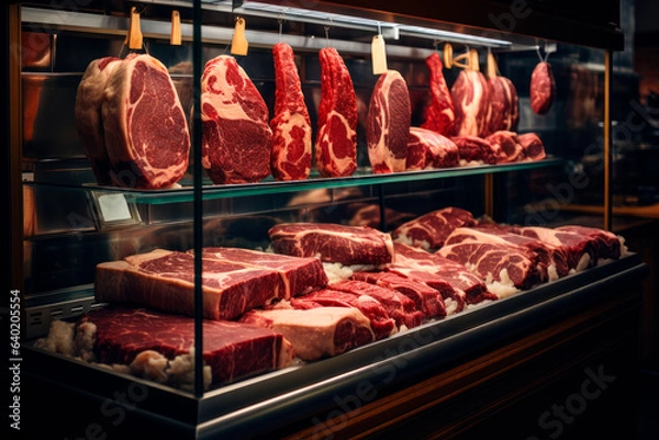 Fototapeta Showcase with raw meat in a butcher shop