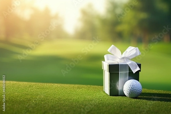 Fototapeta Golf ball with gift box on green grass