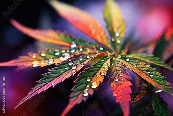 Fototapeta Macro shot of a cannabis leaf with morning dew, reflecting a rainbow - Nature's Spectrum - AI Generated