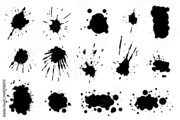 Fototapeta Grunge ink black paint splotch. Splash of paints, spray drops staining and frame with wet paint drop vector set.