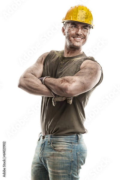 Obraz portrait of dirty worker with helmet crossed arms