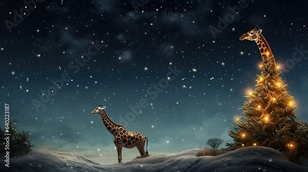 Fototapeta Giraffe with a long knitted Christmas scarf reaching the ground, trying to nibble on a star from a tall Christmas tree. Savanna with a negative space of a starless night sky