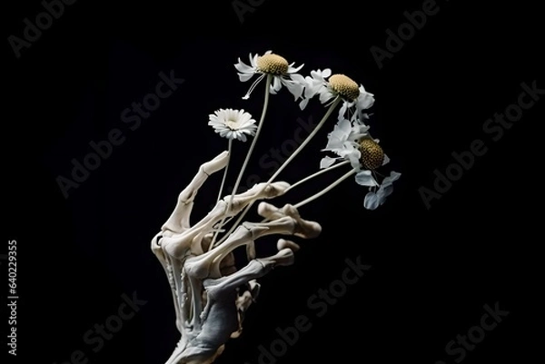 Obraz The skeleton of a human hand holds flowers on a black background. Black background, human brush, white flowers, generated by artificial intelligence