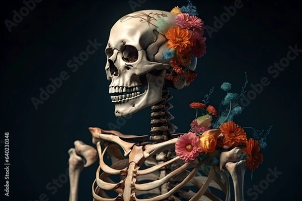 Obraz Human skeleton against the background of flowers. Illustration of the skeleton. Human skull and flowers