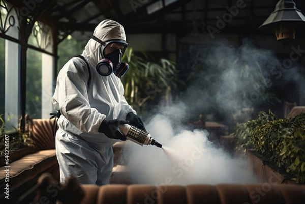 Fototapeta worker in protective suite spraying toxic herbicides or insecticides on vegetables growing plantation in a greenhouse