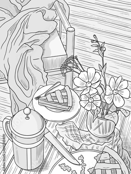 Fototapeta Color page with pie and tea pot and flowers. Vector sketch art