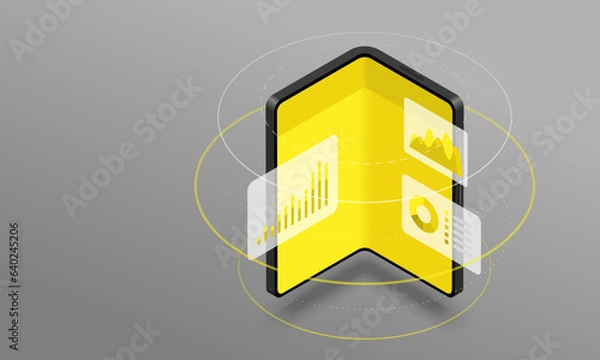 Fototapeta Isometric foldable colorful smartphone with flying trade elements on gradient background.