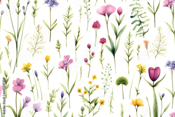 Fototapeta Watercolor vector with wild flowers, leaves, trees and flying butterflies. Garden background in vintage style. Abstract. Wild flower background. gift wrapping paper