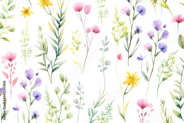 Fototapeta Watercolor vector with wild flowers, leaves, trees and flying butterflies. Garden background in vintage style. Abstract. Wild flower background. gift wrapping paper