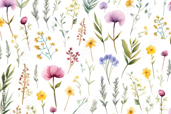 Fototapeta Watercolor vector with wild flowers, leaves, trees and flying butterflies. Garden background in vintage style. Abstract. Wild flower background. gift wrapping paper