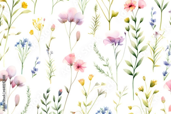 Fototapeta Watercolor vector with wild flowers, leaves, trees and flying butterflies. Garden background in vintage style. Abstract. Wild flower background. gift wrapping paper