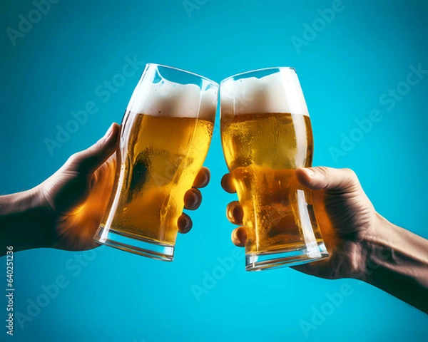 Fototapeta Hands holding glasses of beer isolated on a blue background. beer with foam light tall boys in the hands of friends raising a toast closeup.