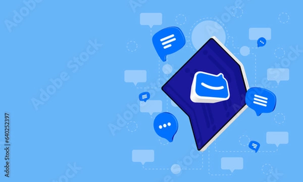 Fototapeta Isometric foldable smartphone. Mobile user interface design concept. Generative AI chatbot technology app communication with dialog box.
