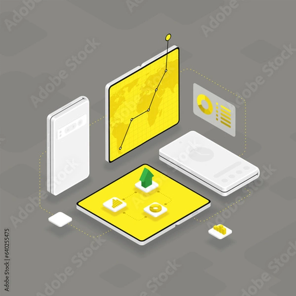 Fototapeta Isometric modeern foldable smartphones template bundle. Оpen and closed device for business. Financial deals and investment set, diagram pie charts, arrows, money, maps, graphics.