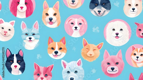 Fototapeta Seamless colourful cartoon pattern with cute cats and hearts in pastel colour