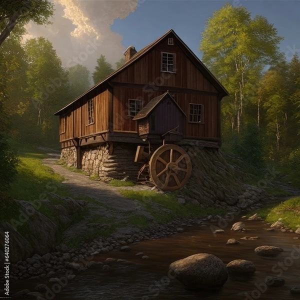 Fototapeta Illustration, an old wooden mill in the forest. Generative AI