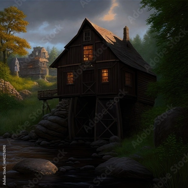 Fototapeta Illustration, an old wooden mill in the forest. Generative AI