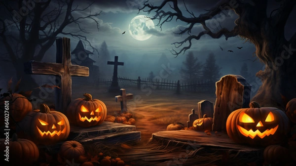 Obraz Halloween Card Party - Pumpkins and Zombies in Graveyard z drewnianą deską