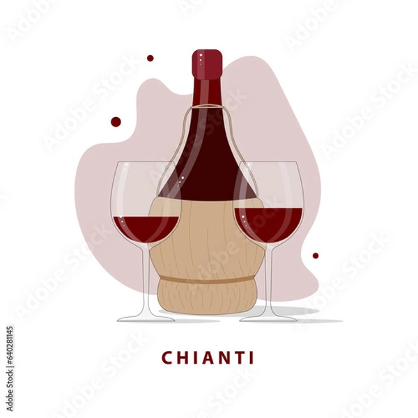 Fototapeta Chianti vector illustration, with two glass of wine and a bottle chianti isolated on white background.
