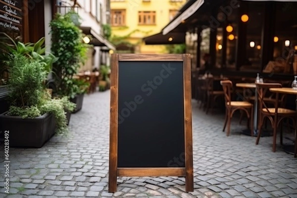 Obraz Mockup, advertising billboard near a cozy European restaurant or cafe. Cafe menu or pointer board for writing information to guests. AI generated