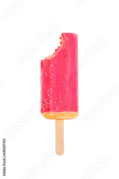Obraz Ice cream on a stick with a bite mark isolated. PNG Ice cream or fruit ice isolated on a transparent background. Yellow, orange and red ice cream on a stick. Vertical ice cream banner.