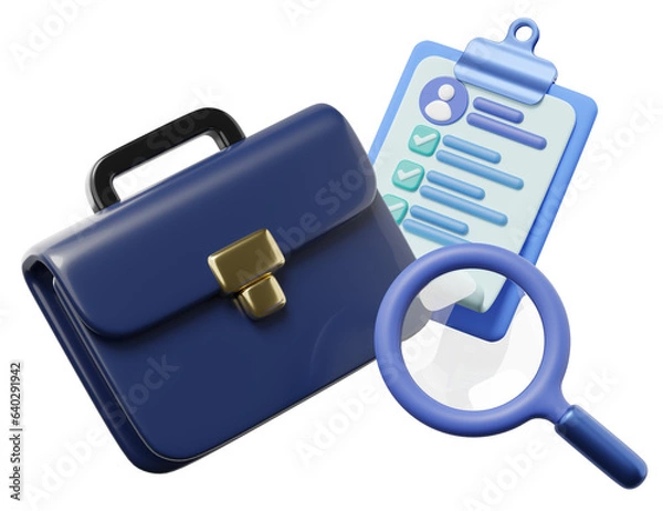 Obraz 3d job search illustration. Interview approved document on clipboard, checklist, employee briefcase, magnifier glass isolated on transparent. job recruitment banner concept. 3d render cartoon icon.