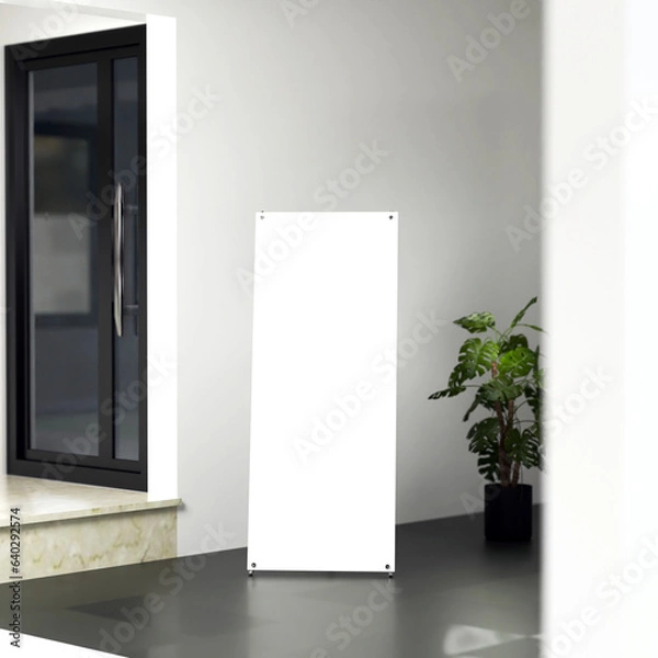 Fototapeta vertical roll up banner 3d realistic mockup. empty x stand for communication, exhibition, display advertisement. modern backdrop for business corporate