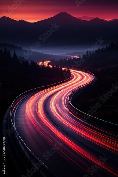 Fototapeta Car light trails in road at night, Generative Ai illustration