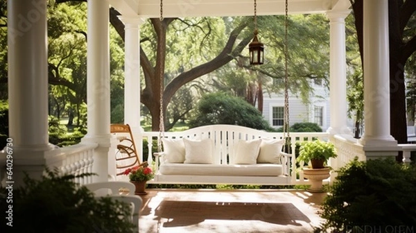 Fototapeta Porch Swing , A sprawling southern home with a large front porch, complete with rocking chairs and sweet iced tea