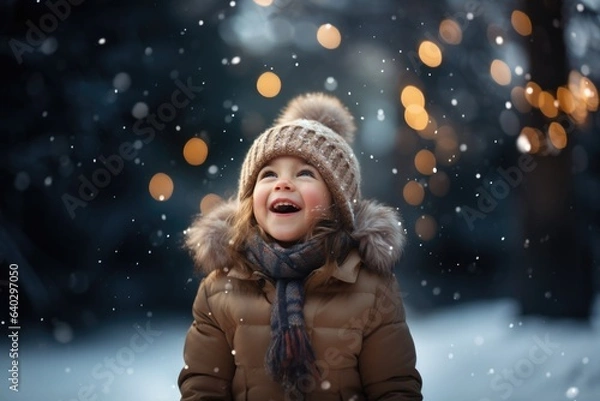 Fototapeta Cute child with happy face wearing a warm hat and warm jacket surrounded with snowflakes. Winter holidays concept.