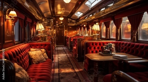 Fototapeta Train Carriage , An opulent train carriage reminiscent of the Orient Express, complete with velvet seats and polished wood