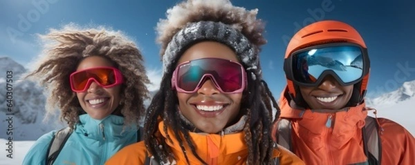 Fototapeta Portrait of smiling friends in winter clothes against snowy mountains under blue A group of friends having a great time wearing ski outfit looking at the camera in the snow mountain on a ski holiday.	