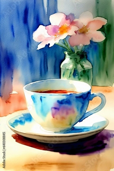 Fototapeta A Painting Of A Cup Of Tea With A Flower In A Vase