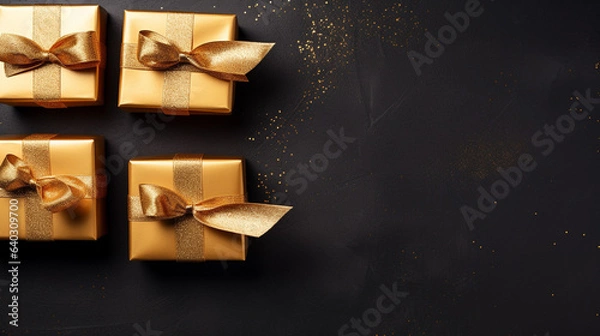 Fototapeta 3 Golden gift boxes with gold satin ribbon on dark background. Top view of birthday gift with copy space, generative AI