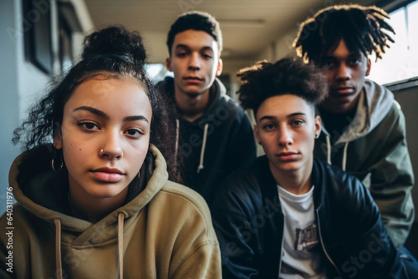 Obraz Group of four teenagers, one girl and three boys, in a serious attitude in high school