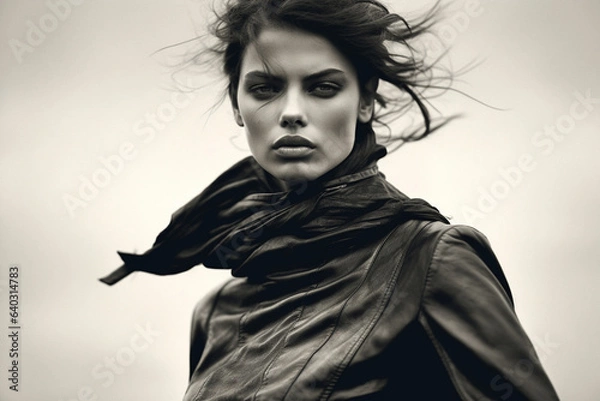 Obraz B&W portrait of fashion model in haute couture leather jacket and outfit. on location magazine shoot.