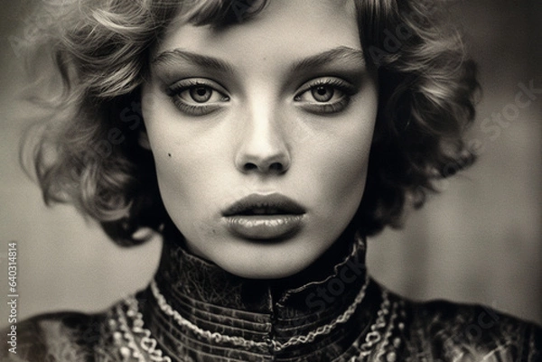 Obraz B&W portrait of fashion model in haute couture leather jacket and outfit. on location magazine shoot.