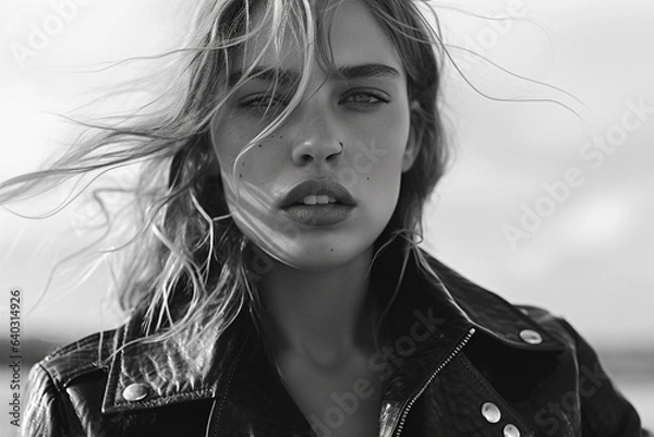 Obraz B&W portrait of fashion model in haute couture leather jacket and outfit. In the style of an on location magazine shoot.