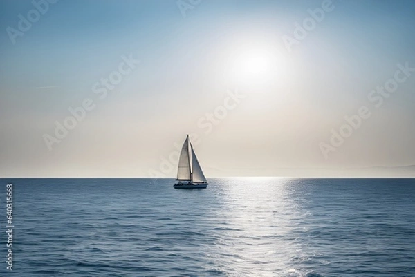 Obraz Amidst the endless ocean expanse, a solitary sailboat ventures forth, accompanied only by the boundless azure sky