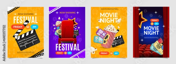 Fototapeta Cinema Festival and Movie Night Placard Poster Banner Card Template Set with Tickets, Clapper Board and Bucket of Popcorn. Vector illustration of Cinematography Event