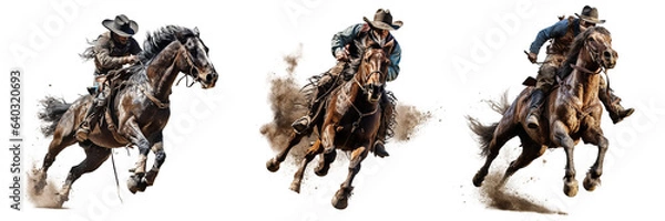 Obraz Saddle Bronc rodeo horse with riding cowboy Isolated on transparent background
