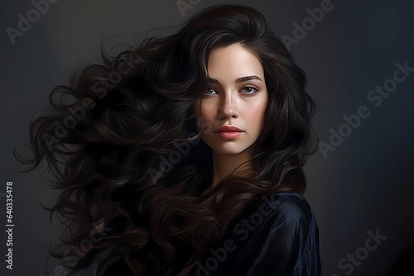 Obraz Portrait of beautiful brunette woman with long healthy curly hair