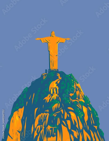 Obraz WPA poster art of Christ the Redeemer on top Corcovado mountain within Tijuca National Park in Rio de Janeiro in Brazil done in works project administration or Art Deco style.
