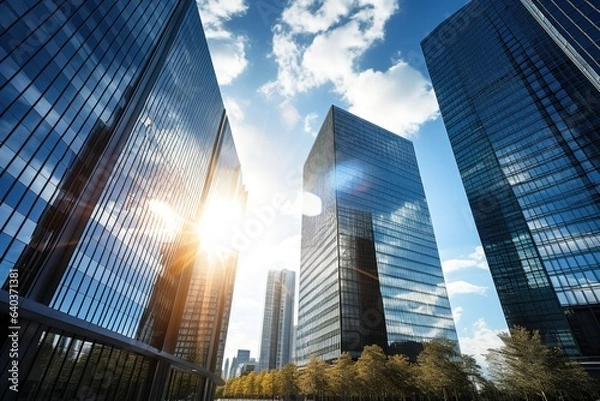 Fototapeta Office buildings part of the real estate market. Sunlight through tall skyscrapers. State of the financial system.