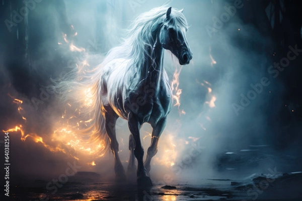 Obraz White horse in the fire and mist