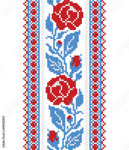 Fototapeta Realistic Cross-Stitch Embroideried Seamless Border with Roses. Ethnic Floral Motif, Handmade Stylization. Traditional Ukrainian Red and Blue Embroidery. Ethnic Design. Vector 3d Illustration