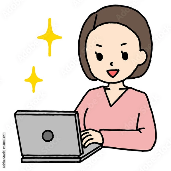 Fototapeta パソコン作業をするボブヘアの女性がキラキラしている